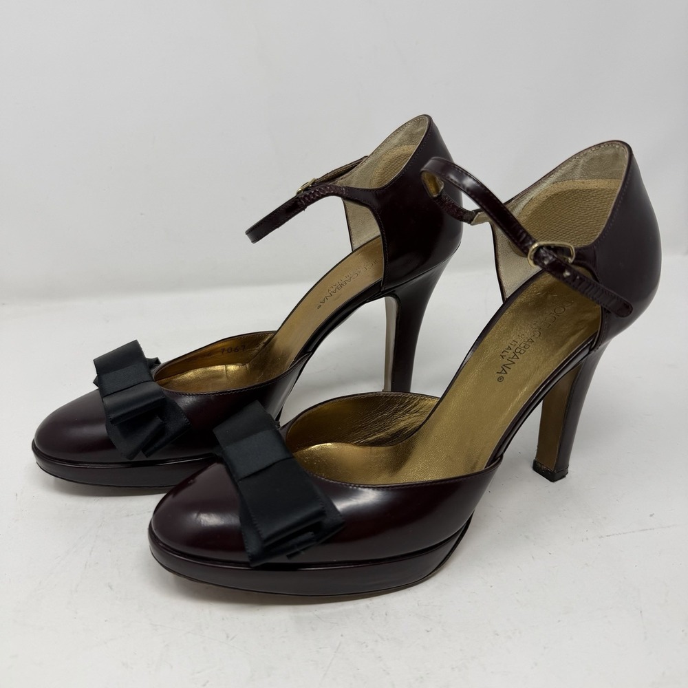 Dolce Gabbana Burgundy Leather D'Orsay Platform Pumps Bow Sz 37 Made Italy